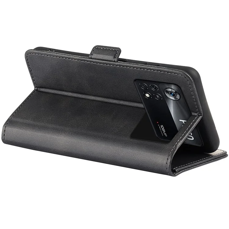 Folio Flip Dual-Clasp PU Leather Phone Shell for Xiaomi Poco X4 Pro 5G, Foldable Adjustable Stand Case Phone Wallet Accessory - Black
