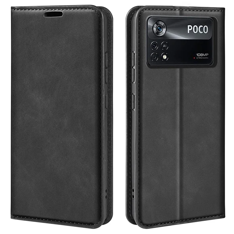Copertina in Pelle di Texture Seta-touch Per Xiaomi Poco X4 Pro 5g, Custodia Protettiva Per Telefono a Flip Folio Assorbita Con Supporto Pieghevole Del Portafoglio - Nero