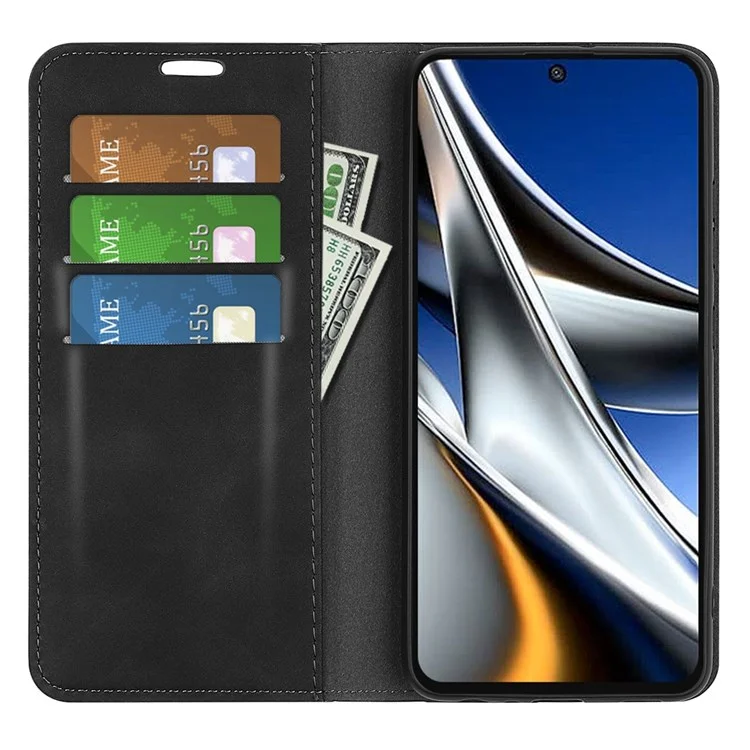 Copertina in Pelle di Texture Seta-touch Per Xiaomi Poco X4 Pro 5g, Custodia Protettiva Per Telefono a Flip Folio Assorbita Con Supporto Pieghevole Del Portafoglio - Nero