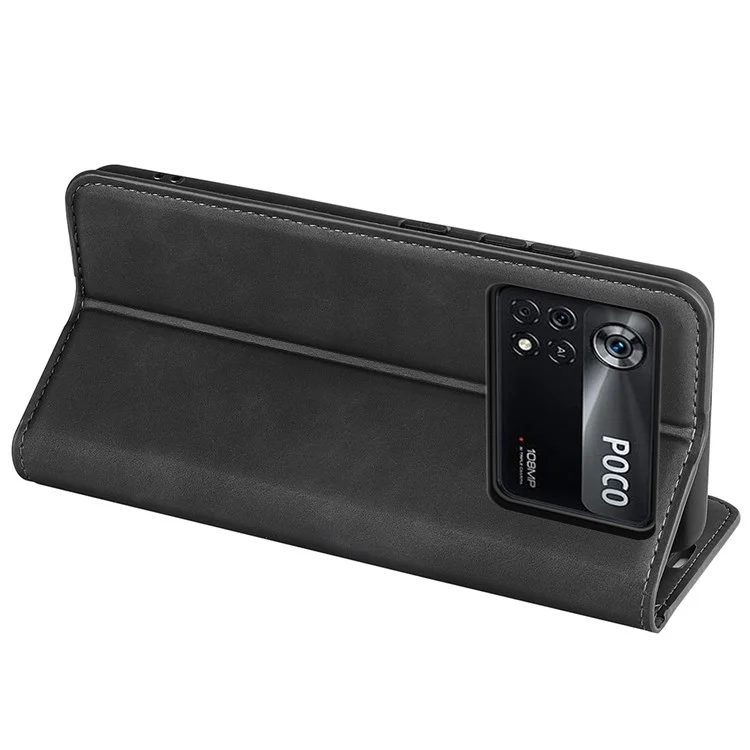 Copertina in Pelle di Texture Seta-touch Per Xiaomi Poco X4 Pro 5g, Custodia Protettiva Per Telefono a Flip Folio Assorbita Con Supporto Pieghevole Del Portafoglio - Nero