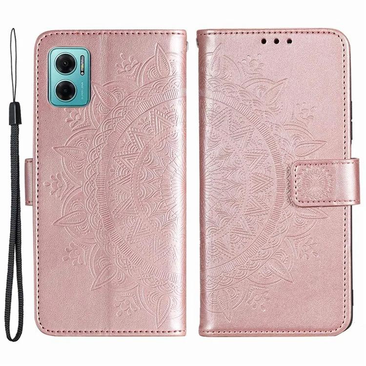 For Xiaomi Redmi Note 11E 5G / Redmi 10 5G / Redmi 10 Prime+ 5G Anti-collision Wallet Stand Design Imprinted Mandala Flower PU Leather Phone Flip Cover Phone Case - Rose Gold