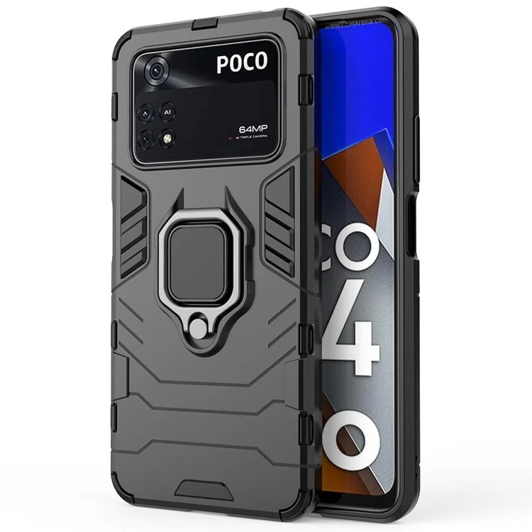 Custodia telefono antiurto per Xiaomi Poco M4 Pro 4G con anello da supporto, custodia protettiva in TPU morbido + PC duro anti-caduta - Nero