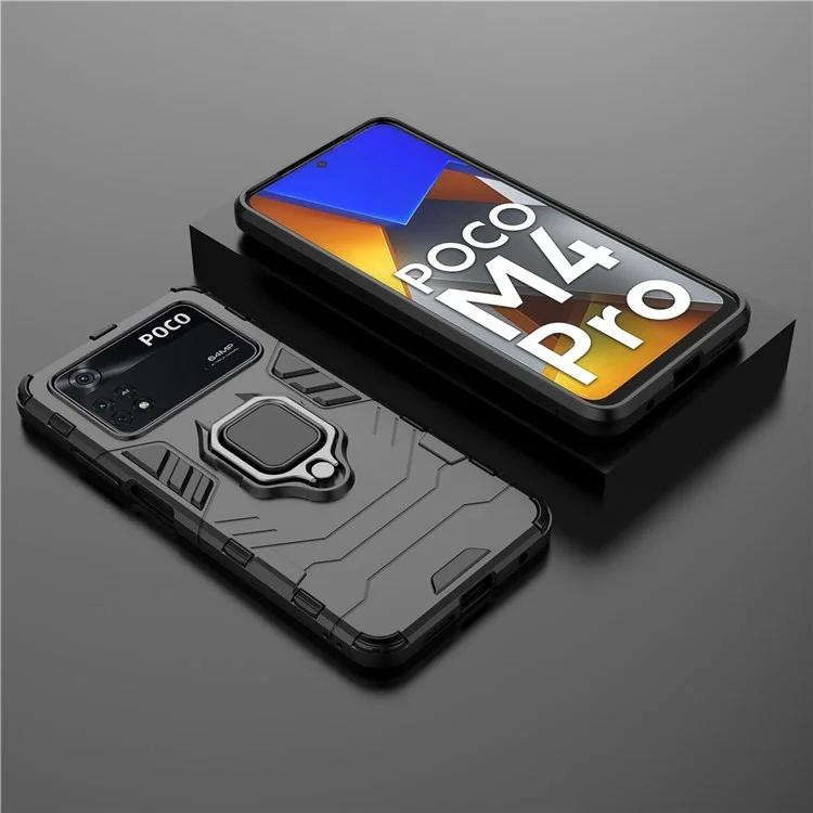 Custodia telefono antiurto per Xiaomi Poco M4 Pro 4G con anello da supporto, custodia protettiva in TPU morbido + PC duro anti-caduta - Nero