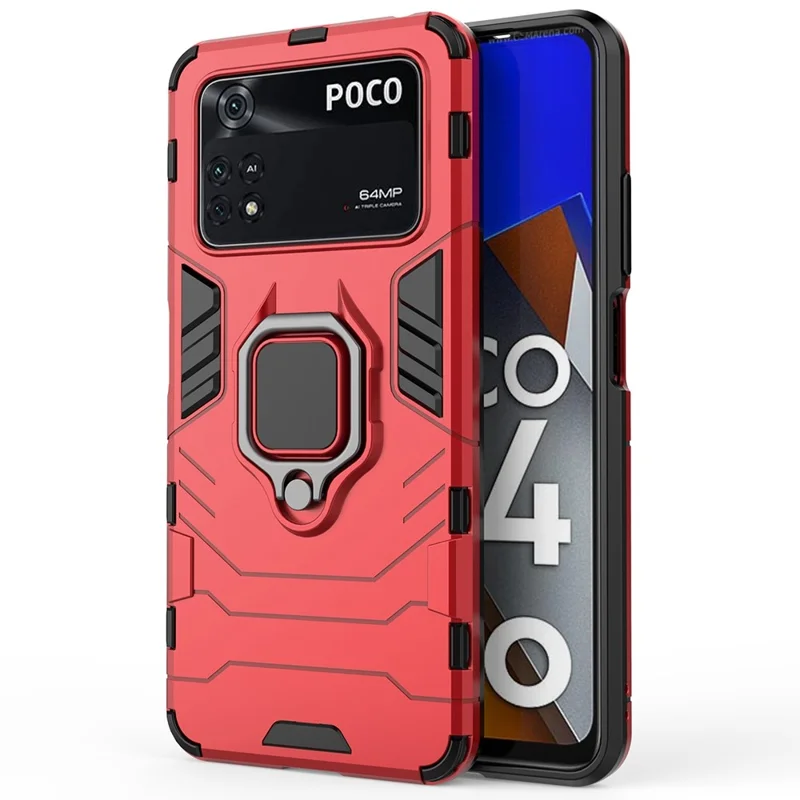Shockproof Phone Case for Xiaomi Poco M4 Pro 4G Ring Kickstand Protective Case Soft TPU + Hard PC Anti-drop Phone Cover - Red