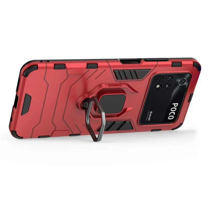 Shockproof Phone Case for Xiaomi Poco M4 Pro 4G Ring Kickstand Protective Case Soft TPU + Hard PC Anti-drop Phone Cover - Red