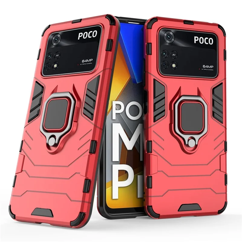 Shockproof Phone Case for Xiaomi Poco M4 Pro 4G Ring Kickstand Protective Case Soft TPU + Hard PC Anti-drop Phone Cover - Red