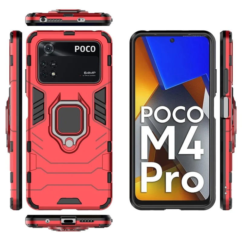 Shockproof Phone Case for Xiaomi Poco M4 Pro 4G Ring Kickstand Protective Case Soft TPU + Hard PC Anti-drop Phone Cover - Red
