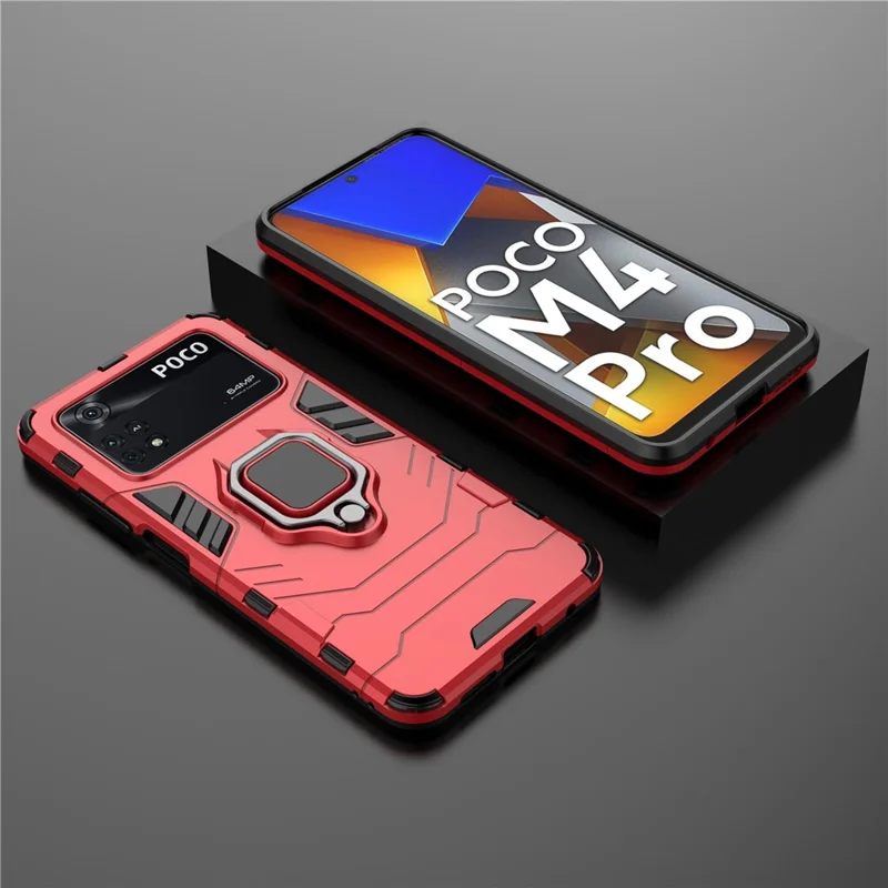 Shockproof Phone Case for Xiaomi Poco M4 Pro 4G Ring Kickstand Protective Case Soft TPU + Hard PC Anti-drop Phone Cover - Red