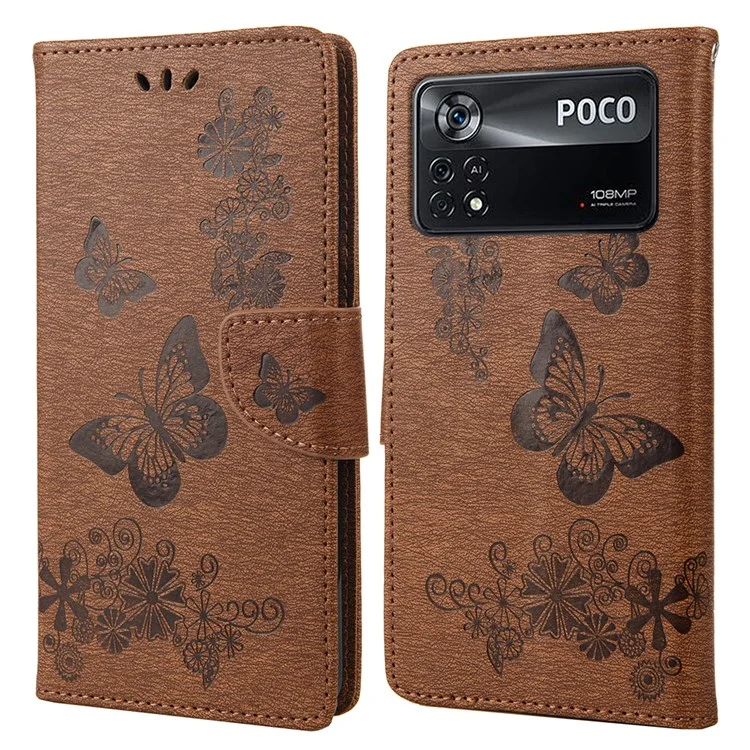 For Xiaomi Poco X4 Pro 5G PU Leather Butterfly Flower Imprinted Stand Flip Cover TPU Inner Shell Shockproof Protective Wallet Phone Case with Strap - Brown