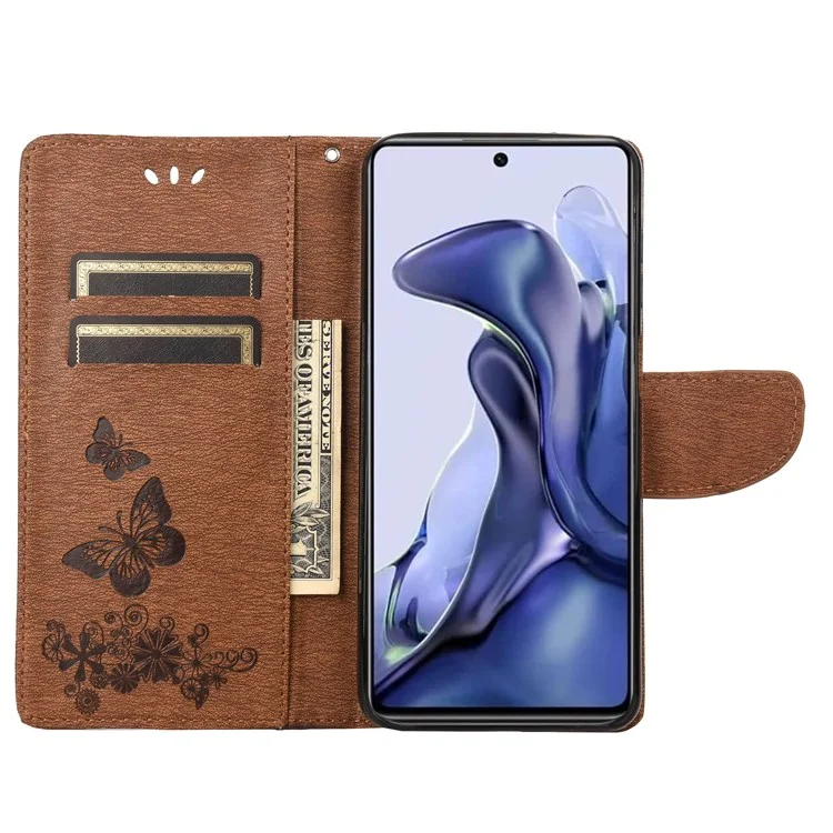 For Xiaomi Poco X4 Pro 5G PU Leather Butterfly Flower Imprinted Stand Flip Cover TPU Inner Shell Shockproof Protective Wallet Phone Case with Strap - Brown
