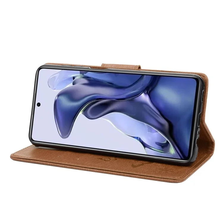For Xiaomi Poco X4 Pro 5G PU Leather Butterfly Flower Imprinted Stand Flip Cover TPU Inner Shell Shockproof Protective Wallet Phone Case with Strap - Brown