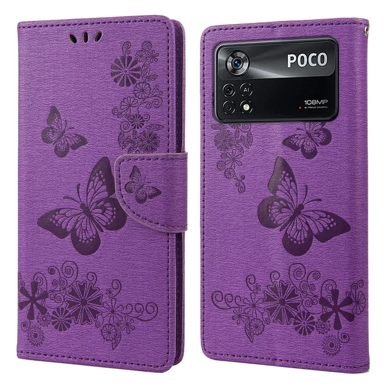 For Xiaomi Poco X4 Pro 5G PU Leather Butterfly Flower Imprinted Stand Flip Cover TPU Inner Shell Shockproof Protective Wallet Phone Case with Strap - Purple
