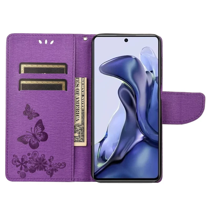 For Xiaomi Poco X4 Pro 5G PU Leather Butterfly Flower Imprinted Stand Flip Cover TPU Inner Shell Shockproof Protective Wallet Phone Case with Strap - Purple