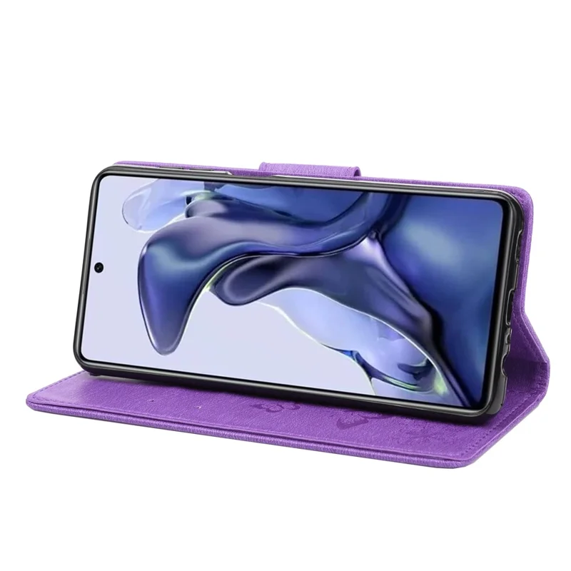 For Xiaomi Poco X4 Pro 5G PU Leather Butterfly Flower Imprinted Stand Flip Cover TPU Inner Shell Shockproof Protective Wallet Phone Case with Strap - Purple
