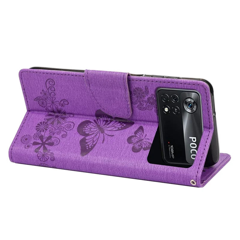 For Xiaomi Poco X4 Pro 5G PU Leather Butterfly Flower Imprinted Stand Flip Cover TPU Inner Shell Shockproof Protective Wallet Phone Case with Strap - Purple