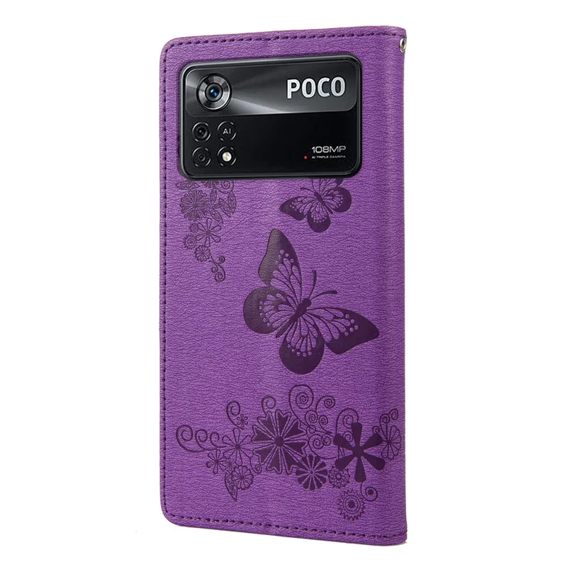 For Xiaomi Poco X4 Pro 5G PU Leather Butterfly Flower Imprinted Stand Flip Cover TPU Inner Shell Shockproof Protective Wallet Phone Case with Strap - Purple