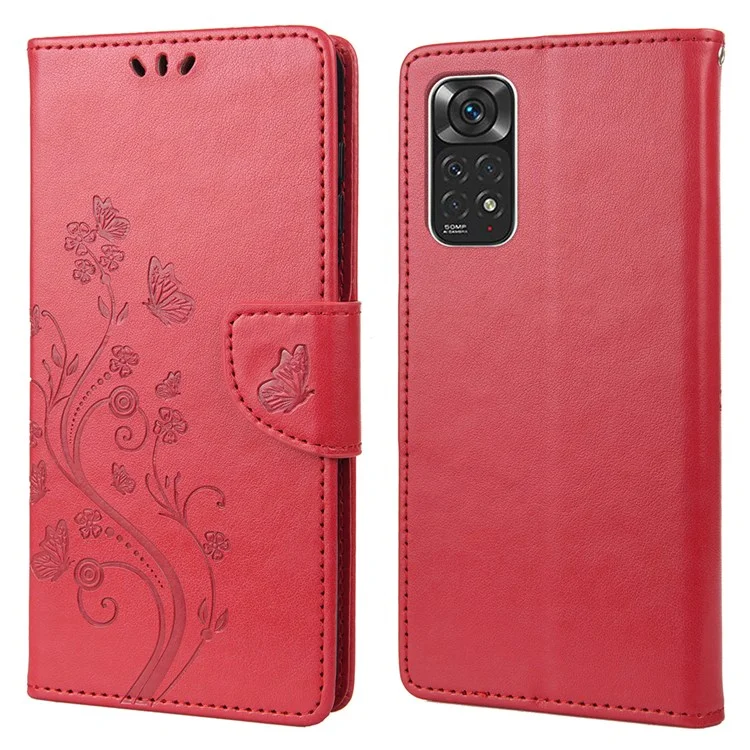 Per Xiaomi Redmi Note 11 4G (Qualcomm)/Redmi Note 11S 4G Imprinted Flowers Butterflies Pattern PU Leather Cover Wallet Stand Phone Case Shell - Rosso