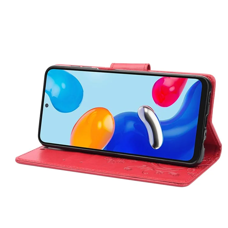 Per Xiaomi Redmi Note 11 4G (Qualcomm)/Redmi Note 11S 4G Imprinted Flowers Butterflies Pattern PU Leather Cover Wallet Stand Phone Case Shell - Rosso