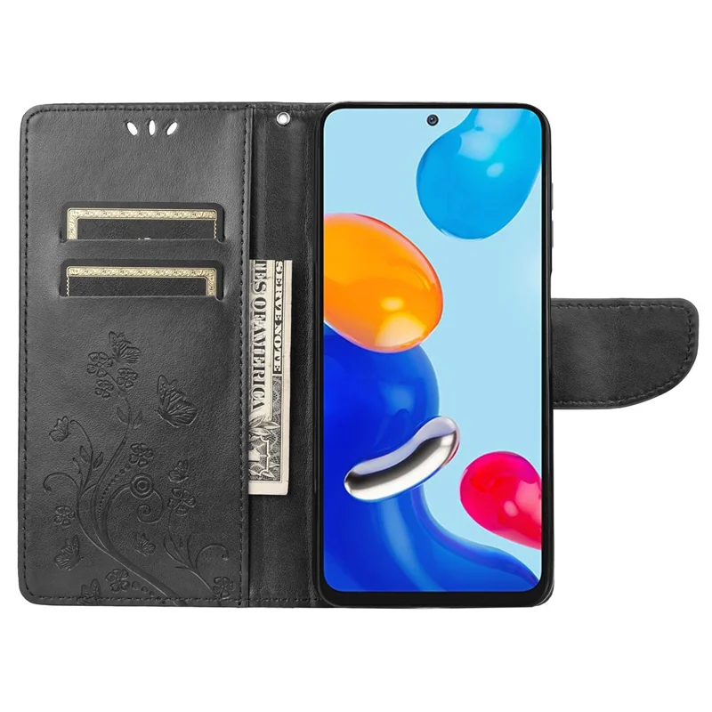 For Xiaomi Redmi Note 11 4G (Qualcomm)/Redmi Note 11S 4G Imprinted Flowers Butterflies Pattern PU Leather Cover Wallet Stand Phone Case Shell - Black