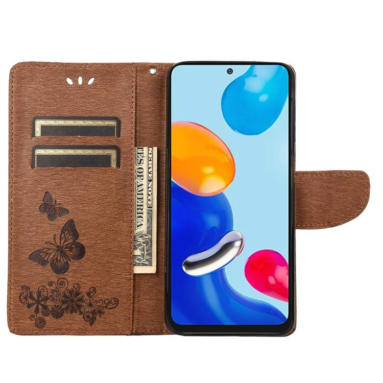 Для Xiaomi Redmi Note 11 4G (Qualcomm) / Redmi ПРИМЕЧАНИЕ 11S 4G Smart Phone Shell Запечатанные Большие Бабочки Кожаные Мобильные Телефон Кошелек Стенд Стенд Покрытие - Коричневый