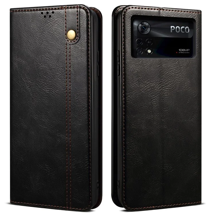 Per Xiaomi Poco X4 Pro 5G Custodia Portafoglio per Telefono, Custodia Protettiva, Custodia a Flip Folio, Texture Crazy Horse Cerata, Magnetica Auto-assorbita, Custodia in Pelle con Guscio Interno in TPU con Supporto - Nero