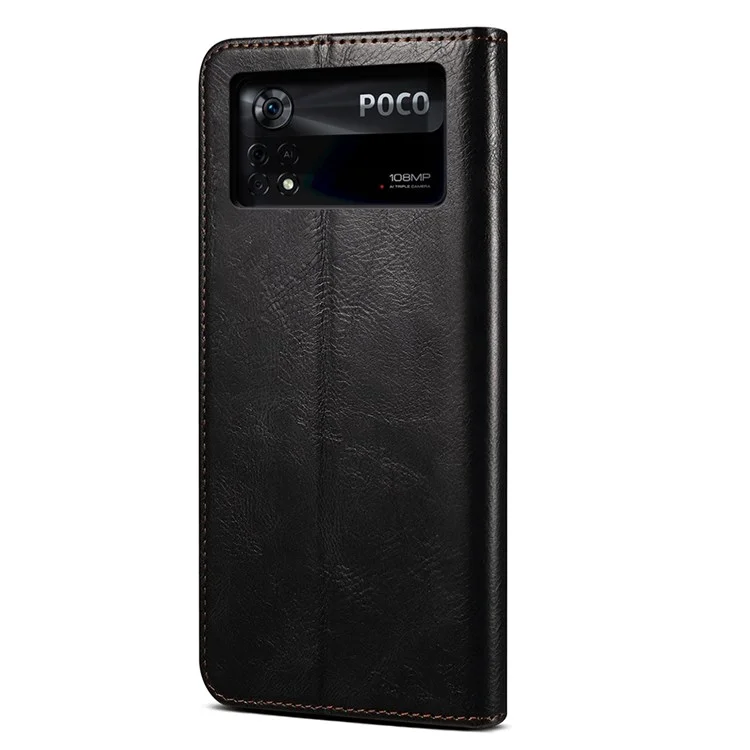 Per Xiaomi Poco X4 Pro 5G Custodia Portafoglio per Telefono, Custodia Protettiva, Custodia a Flip Folio, Texture Crazy Horse Cerata, Magnetica Auto-assorbita, Custodia in Pelle con Guscio Interno in TPU con Supporto - Nero