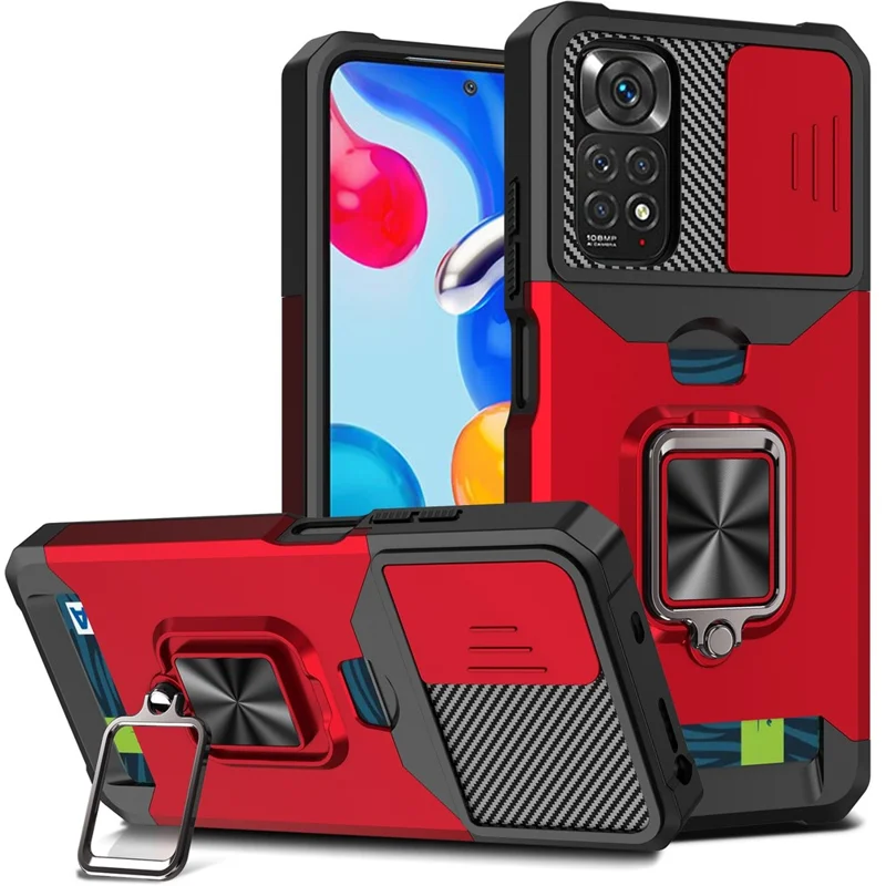 For Xiaomi Redmi Note 11 4G (Qualcomm)/Redmi Note 11S 4G Well-protected PC + TPU Camera Slider Anti-fall Card Slot + Metal Kickstand Design Case Shell - Red