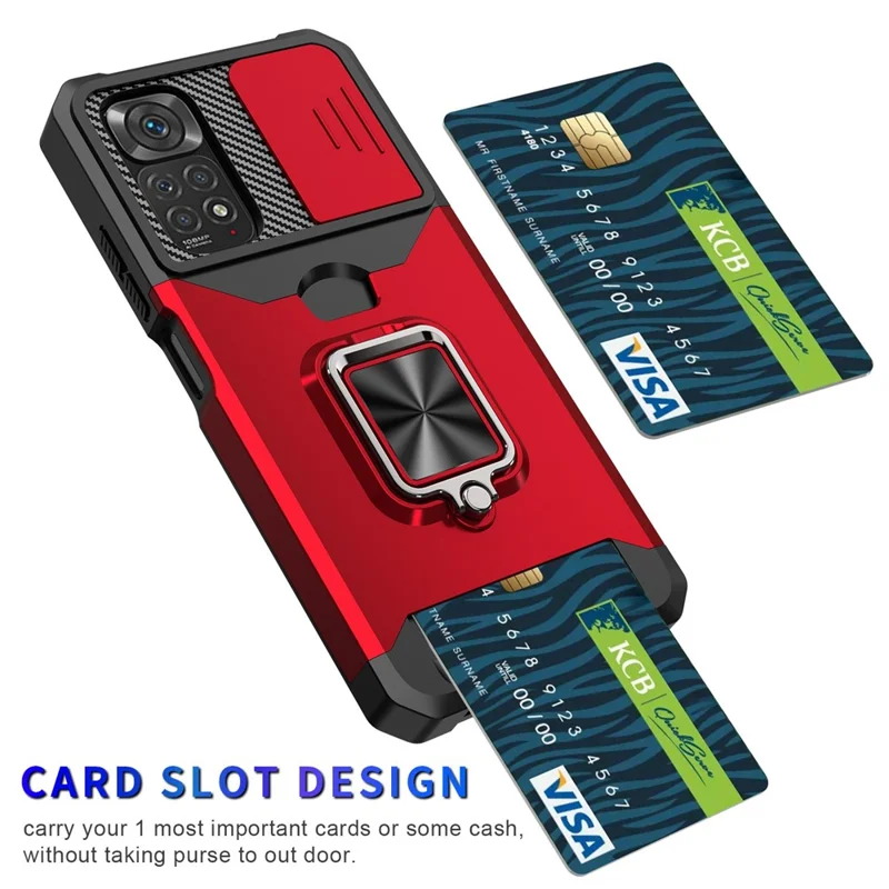 For Xiaomi Redmi Note 11 4G (Qualcomm)/Redmi Note 11S 4G Well-protected PC + TPU Camera Slider Anti-fall Card Slot + Metal Kickstand Design Case Shell - Red