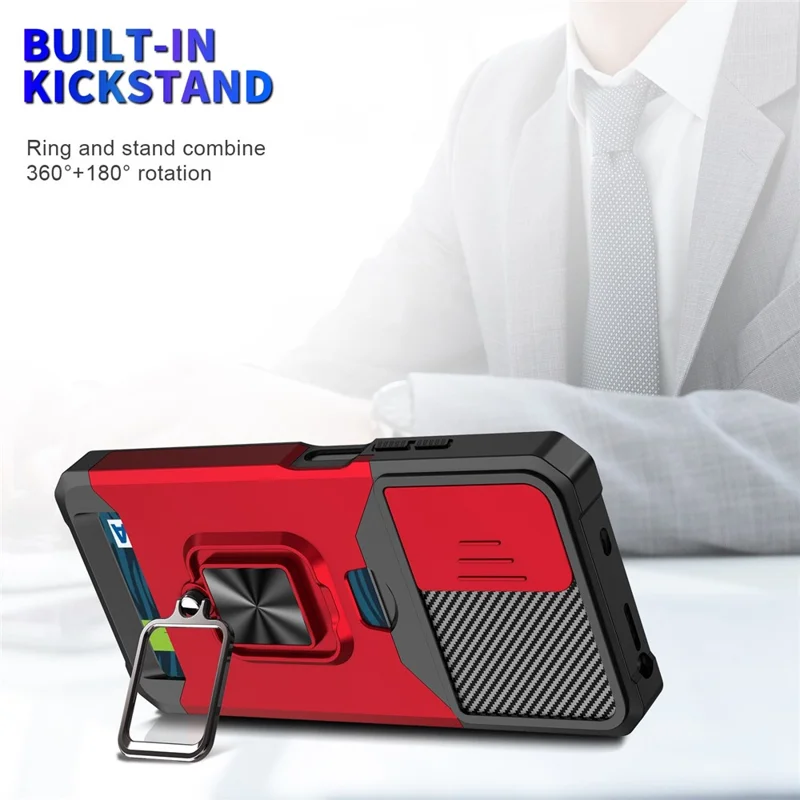 For Xiaomi Redmi Note 11 4G (Qualcomm)/Redmi Note 11S 4G Well-protected PC + TPU Camera Slider Anti-fall Card Slot + Metal Kickstand Design Case Shell - Red
