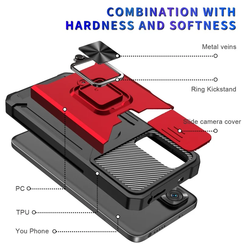 For Xiaomi Redmi Note 11 4G (Qualcomm)/Redmi Note 11S 4G Well-protected PC + TPU Camera Slider Anti-fall Card Slot + Metal Kickstand Design Case Shell - Red