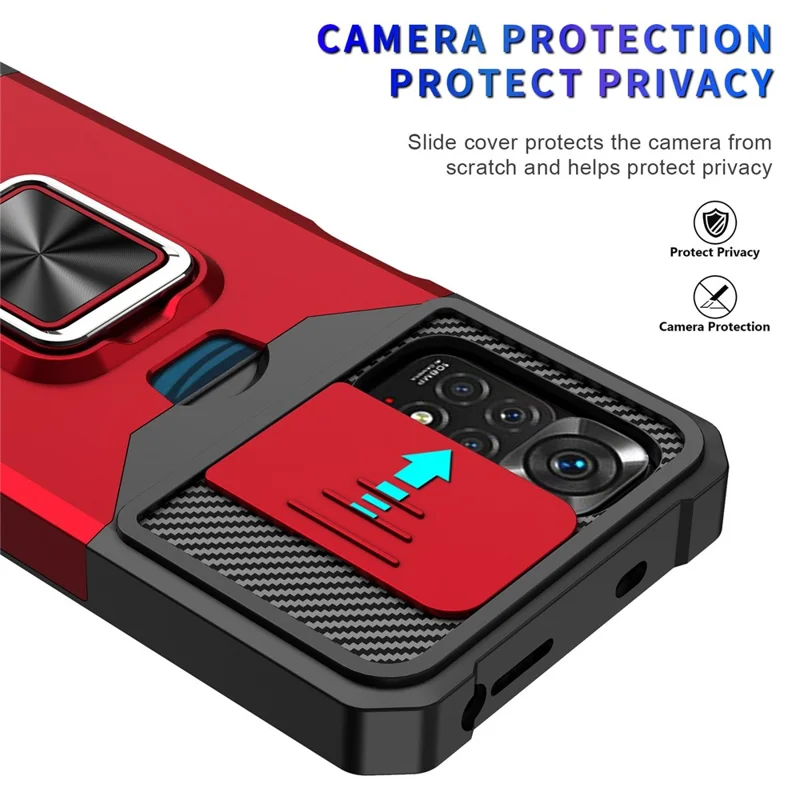 For Xiaomi Redmi Note 11 4G (Qualcomm)/Redmi Note 11S 4G Well-protected PC + TPU Camera Slider Anti-fall Card Slot + Metal Kickstand Design Case Shell - Red
