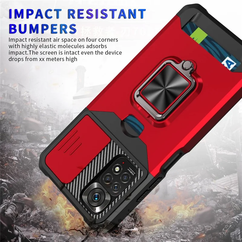For Xiaomi Redmi Note 11 4G (Qualcomm)/Redmi Note 11S 4G Well-protected PC + TPU Camera Slider Anti-fall Card Slot + Metal Kickstand Design Case Shell - Red