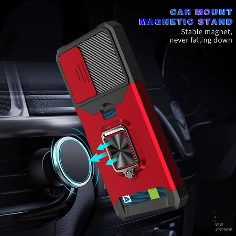 For Xiaomi Redmi Note 11 4G (Qualcomm)/Redmi Note 11S 4G Well-protected PC + TPU Camera Slider Anti-fall Card Slot + Metal Kickstand Design Case Shell - Red