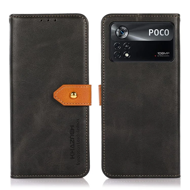 KHAZNEH Custodia a Portafoglio in Pelle Flip per Xiaomi Poco X4 Pro 5G, Fibbia Magnetica Dorata Vista Supporto TPU Shell Folio Cover - Nero