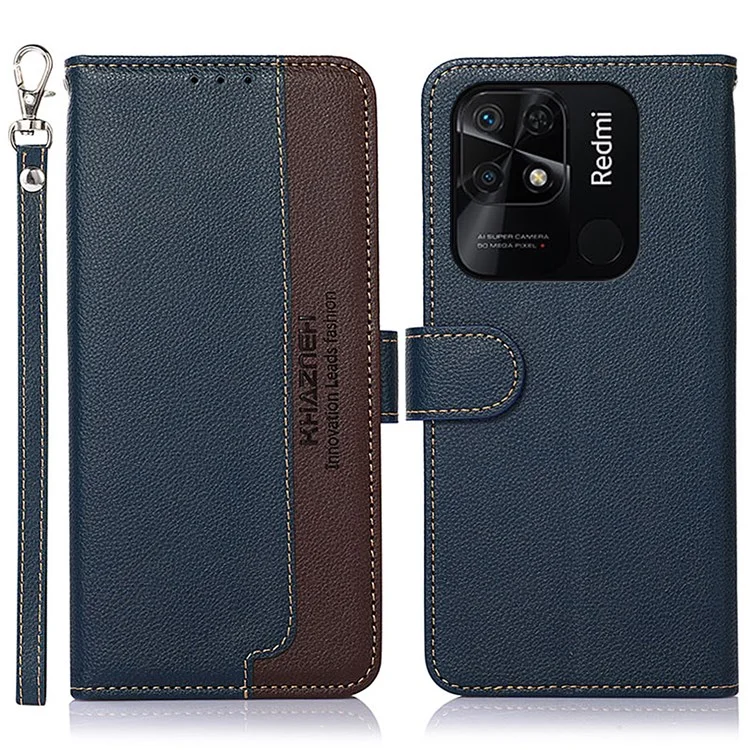 KHAZNEH Pour Xiaomi Redmi 10C Litchi Texture PU Cuir Stand Case RFID Blocage Portefeuille Téléphone Couverture - Bleu