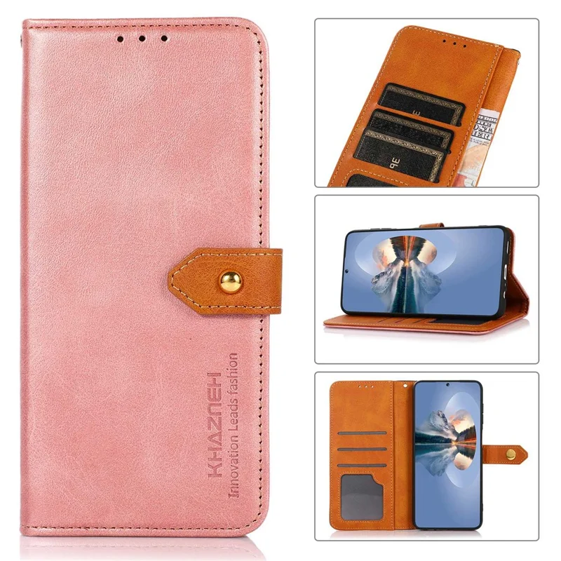 KHAZNEH Funda de Teléfono de Cuero para Xiaomi Redmi 10C, Hebilla Magnética Dorada Cartera Soporte de Libro a Prueba de Golpes Funda Interior de TPU - Oro Rosa