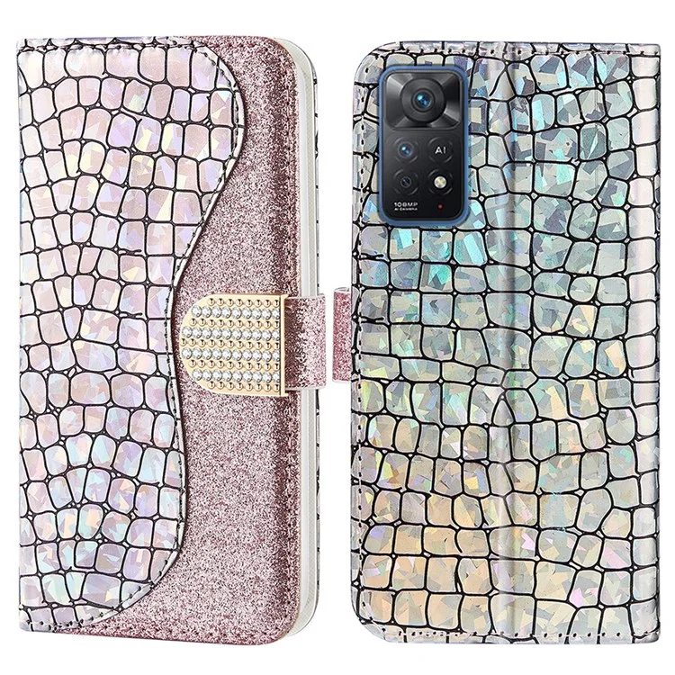 Para Xiaomi Redmi Note 11 Pro 5G (Qualcomm) / Redmi Note 11 Pro 4G (mediatek) Textura De Cocodrilo De Cocodrilo Glittery Polvo Empalme A Prueba De Golpes Anti-Fall PU Cuero Cartera Teléfono Caja De La Caja Con Soporte - Oro Rosa
