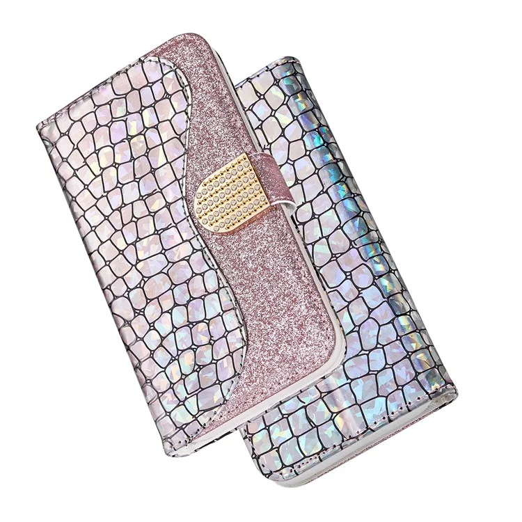 Para Xiaomi Redmi Note 11 Pro 5G (Qualcomm) / Redmi Note 11 Pro 4G (mediatek) Textura De Cocodrilo De Cocodrilo Glittery Polvo Empalme A Prueba De Golpes Anti-Fall PU Cuero Cartera Teléfono Caja De La Caja Con Soporte - Oro Rosa