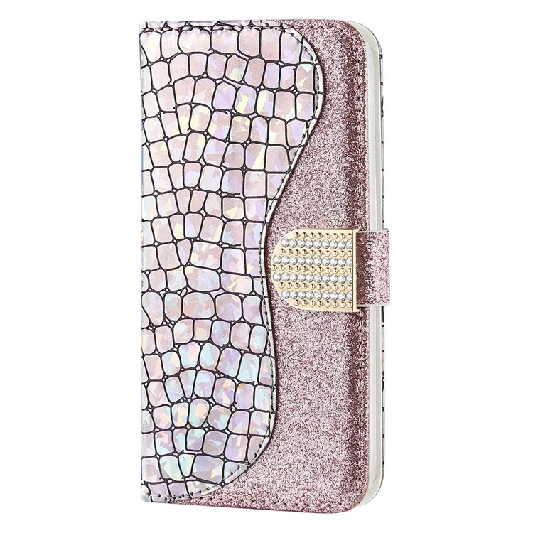 Para Xiaomi Redmi Note 11 Pro 5G (Qualcomm) / Redmi Note 11 Pro 4G (mediatek) Textura De Cocodrilo De Cocodrilo Glittery Polvo Empalme A Prueba De Golpes Anti-Fall PU Cuero Cartera Teléfono Caja De La Caja Con Soporte - Oro Rosa