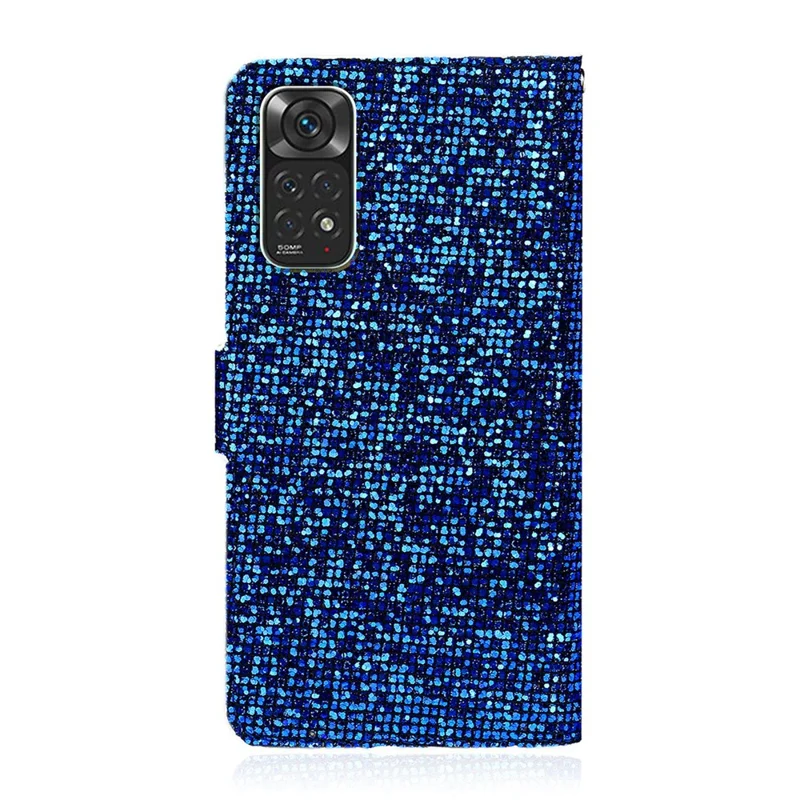 For Xiaomi Redmi Note 11 4G (Qualcomm)/Redmi Note 11S 4G Glittery Sequins PU Leather Drop-proof Scratch-resistant Wallet Phone Case with Stand - Blue