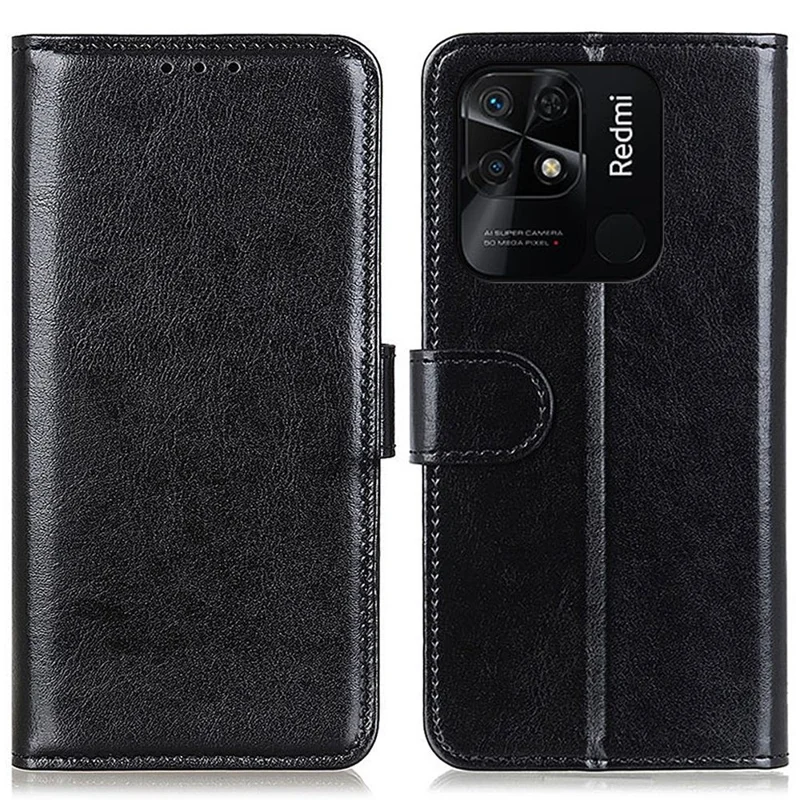 Crazy Horse Texture Phone Case per Xiaomi Redmi 10C, Cover Wallet Stand in Pelle PU Anti-graffio - Nero