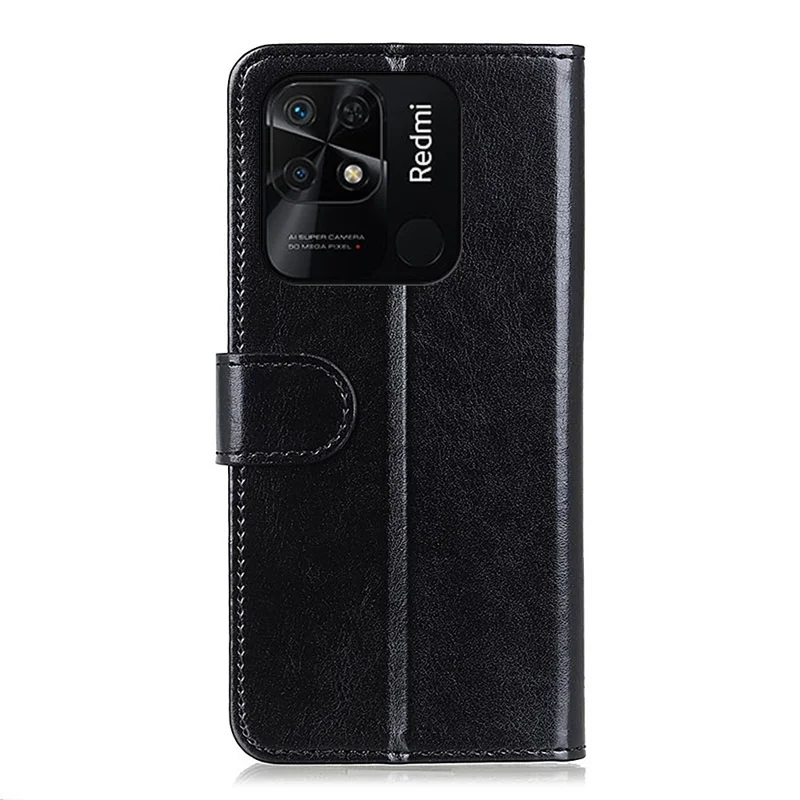 Crazy Horse Texture Phone Case per Xiaomi Redmi 10C, Cover Wallet Stand in Pelle PU Anti-graffio - Nero