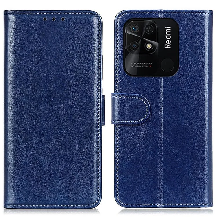 Capa de Telefone Texturizada de Crazy Horse para Xiaomi Redmi 10C, Capa de Carteira de Couro PU Anti-Arranhões com Suporte - Azul