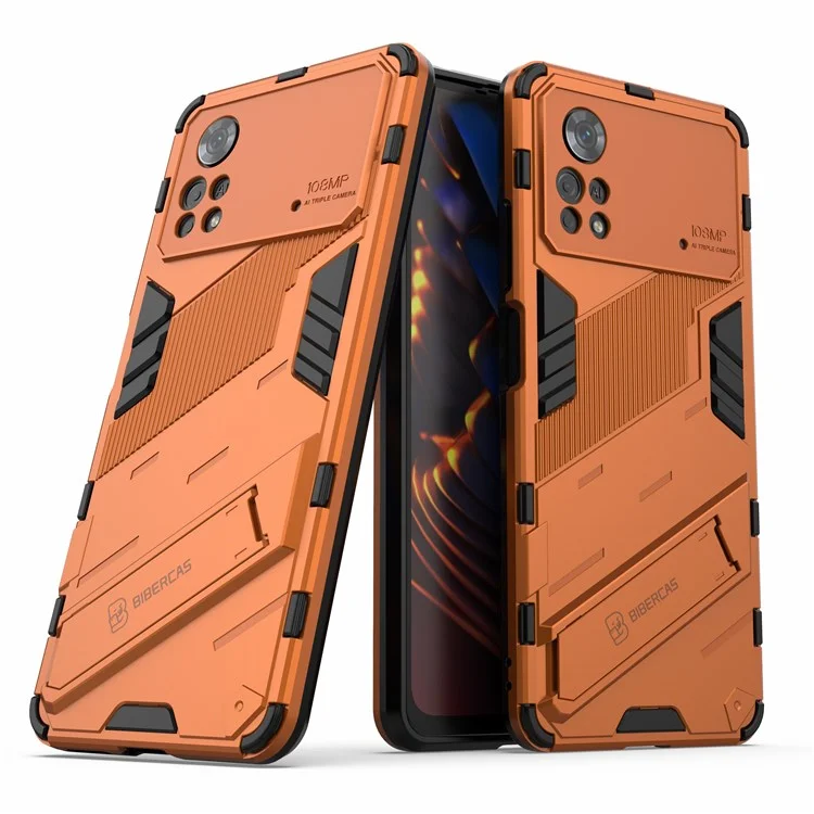 Per Xiaomi Poco X4 Pro 5G Design a Doppio Strato TPU+PC Case Kickstand Duty Duty Duty Cover - Arancia
