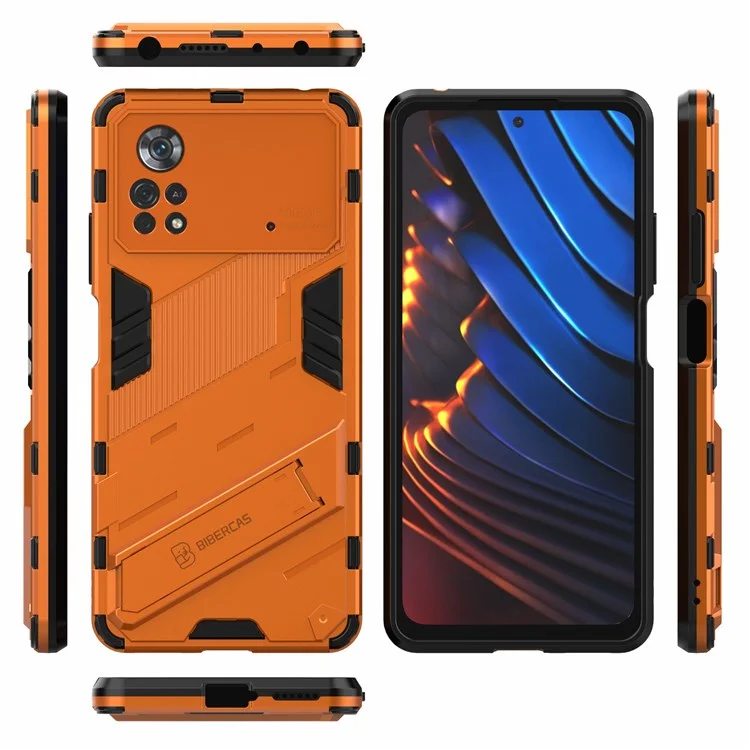 Per Xiaomi Poco X4 Pro 5G Design a Doppio Strato TPU+PC Case Kickstand Duty Duty Duty Cover - Arancia