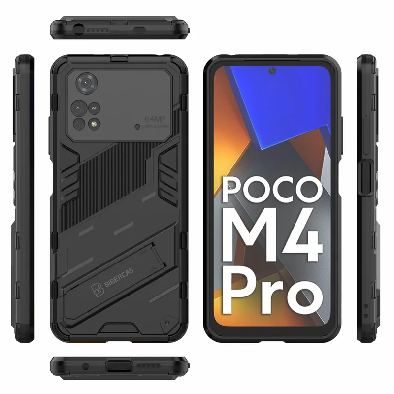 Для Xiaomi Poco M4 Pro 4G Kickstand Design Drop Protective Cover Soft TPU Tough PC Shockproof Phone Case - Черный
