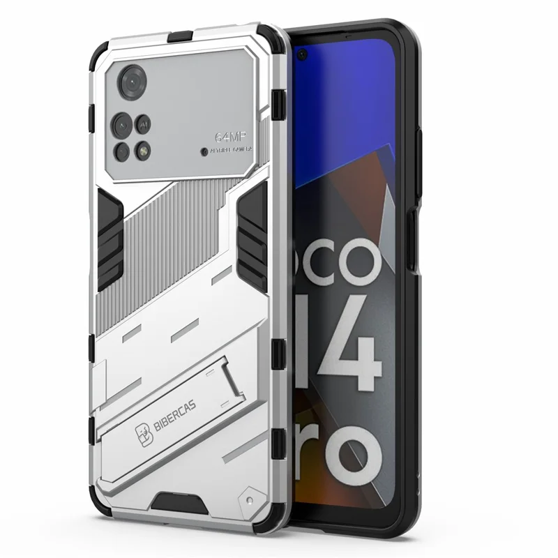For Xiaomi Poco M4 Pro 4G Kickstand Design Drop Protective Cover Soft TPU Tough PC Shockproof Phone Case - White