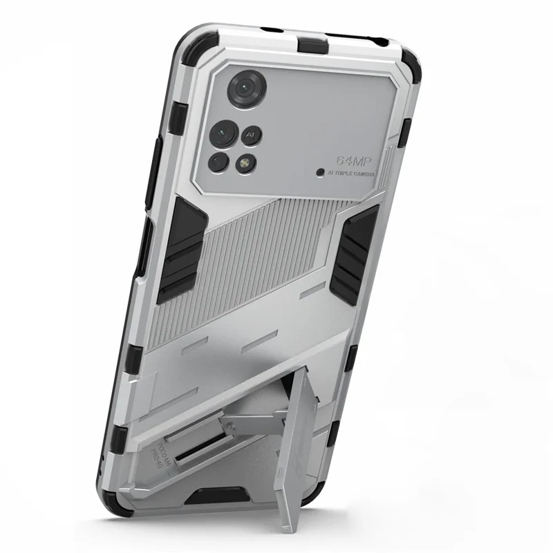 For Xiaomi Poco M4 Pro 4G Kickstand Design Drop Protective Cover Soft TPU Tough PC Shockproof Phone Case - White