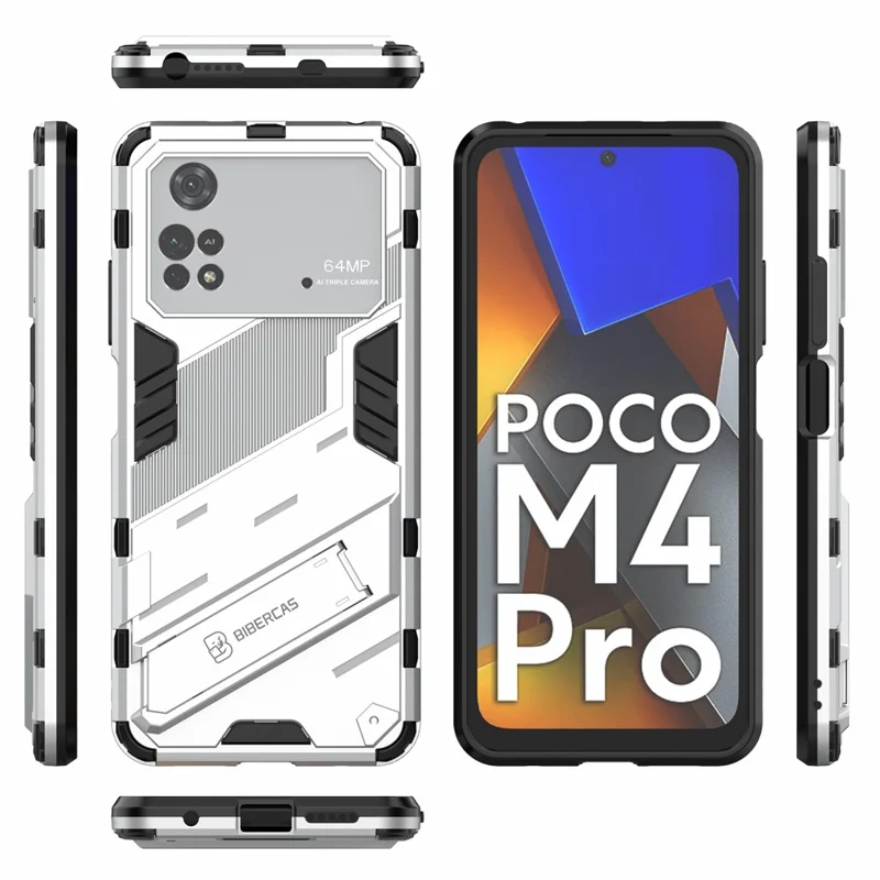 For Xiaomi Poco M4 Pro 4G Kickstand Design Drop Protective Cover Soft TPU Tough PC Shockproof Phone Case - White