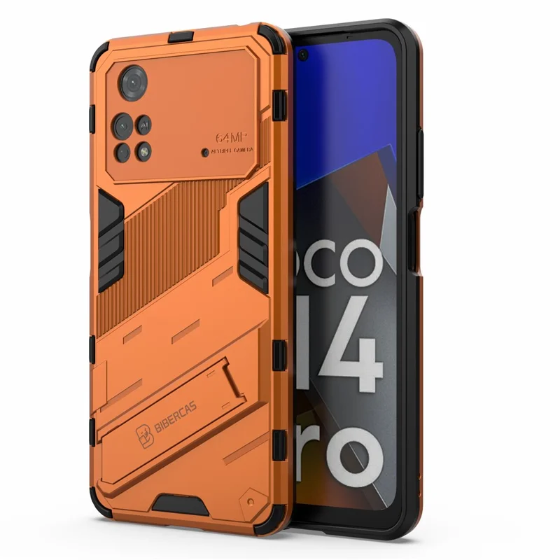 For Xiaomi Poco M4 Pro 4G Kickstand Design Drop Protective Cover Soft TPU Tough PC Shockproof Phone Case - Orange